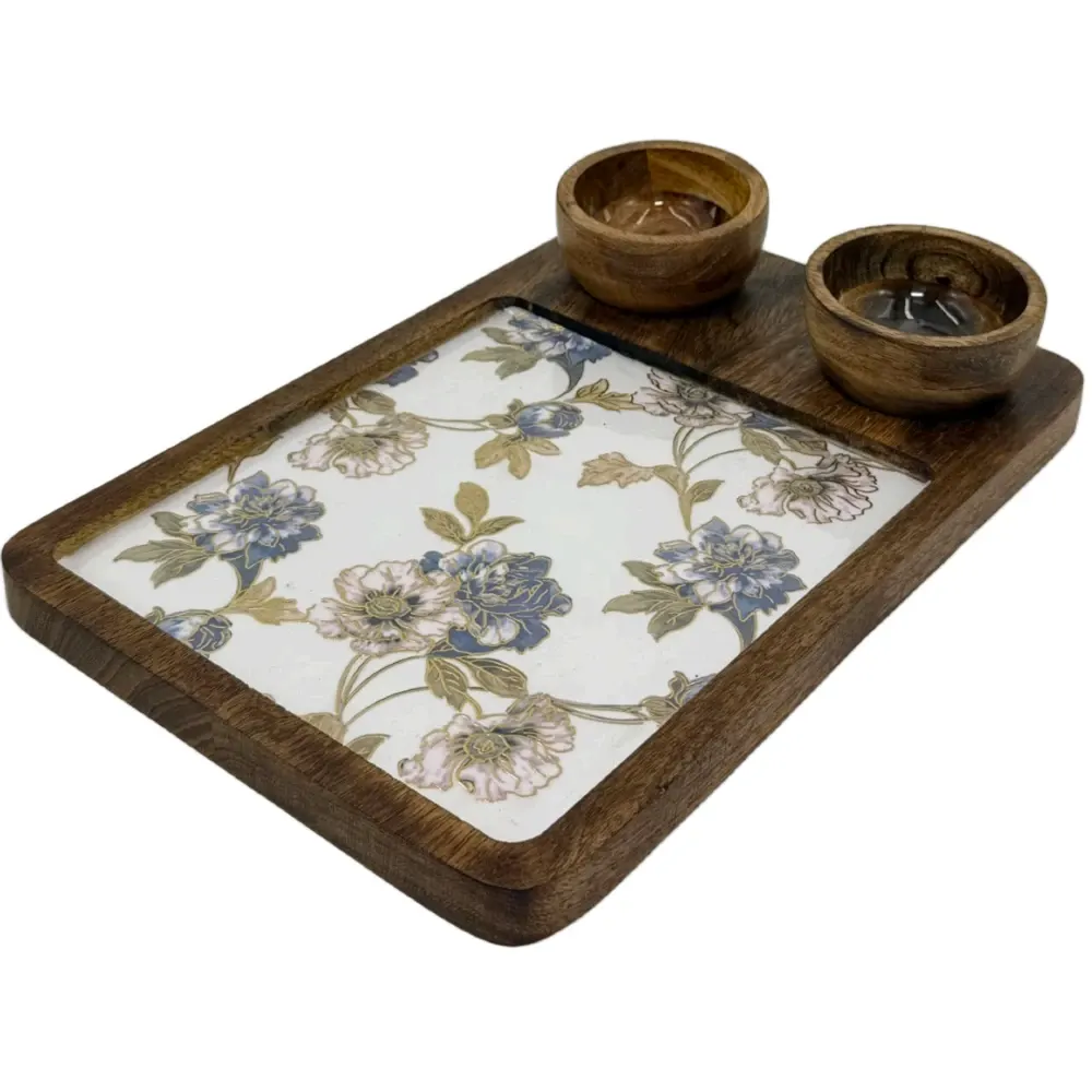 Premium Mango Wood Serving Platter with 2 Bowls, Handcrafted Wooden Appetizer Board with Intricate Patterned Inlay