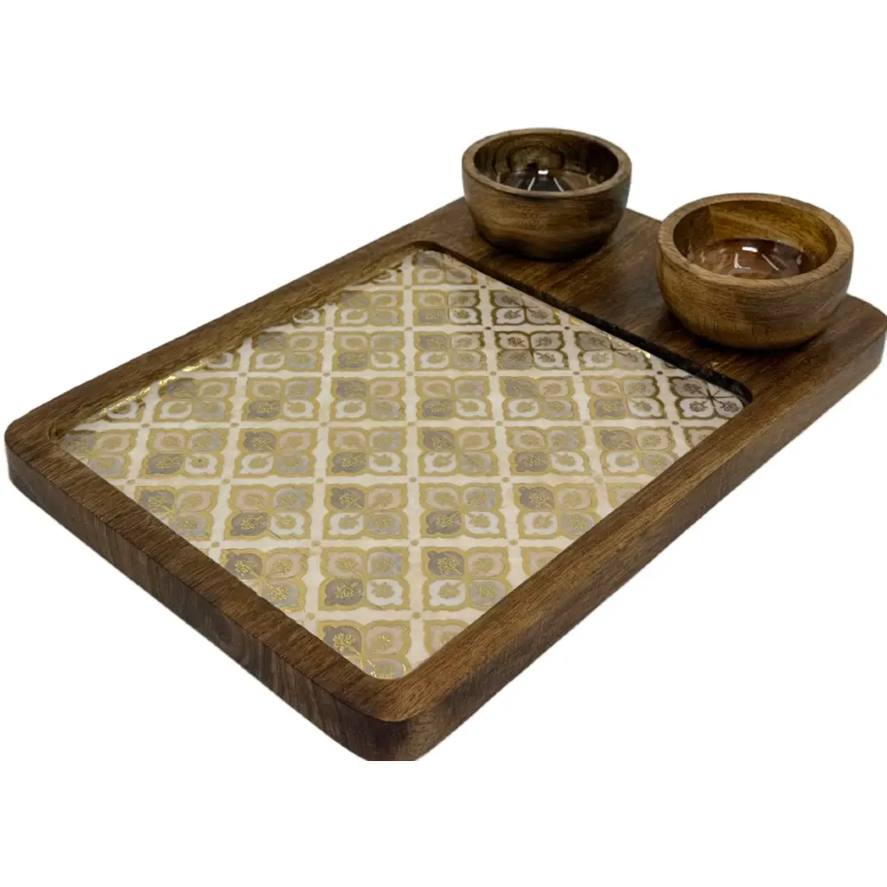 Premium Mango Wood Serving Platter with 2 Bowls, Handcrafted Wooden Appetizer Board with Intricate Patterned Inlay