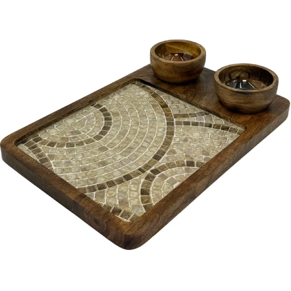 Premium Mango Wood Serving Platter with 2 Bowls, Handcrafted Wooden Appetizer Board with Intricate Patterned Inlay