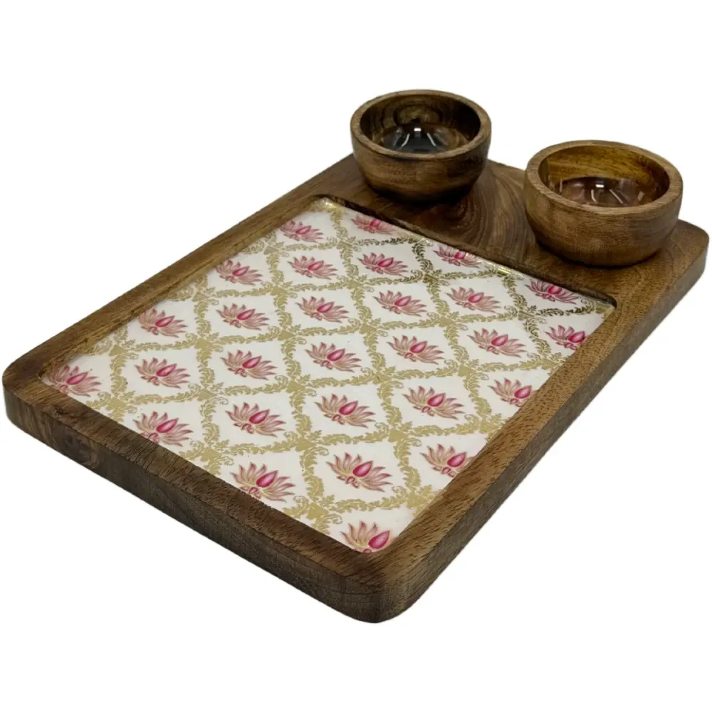 Premium Mango Wood Serving Platter with 2 Bowls, Handcrafted Wooden Appetizer Board with Intricate Patterned Inlay