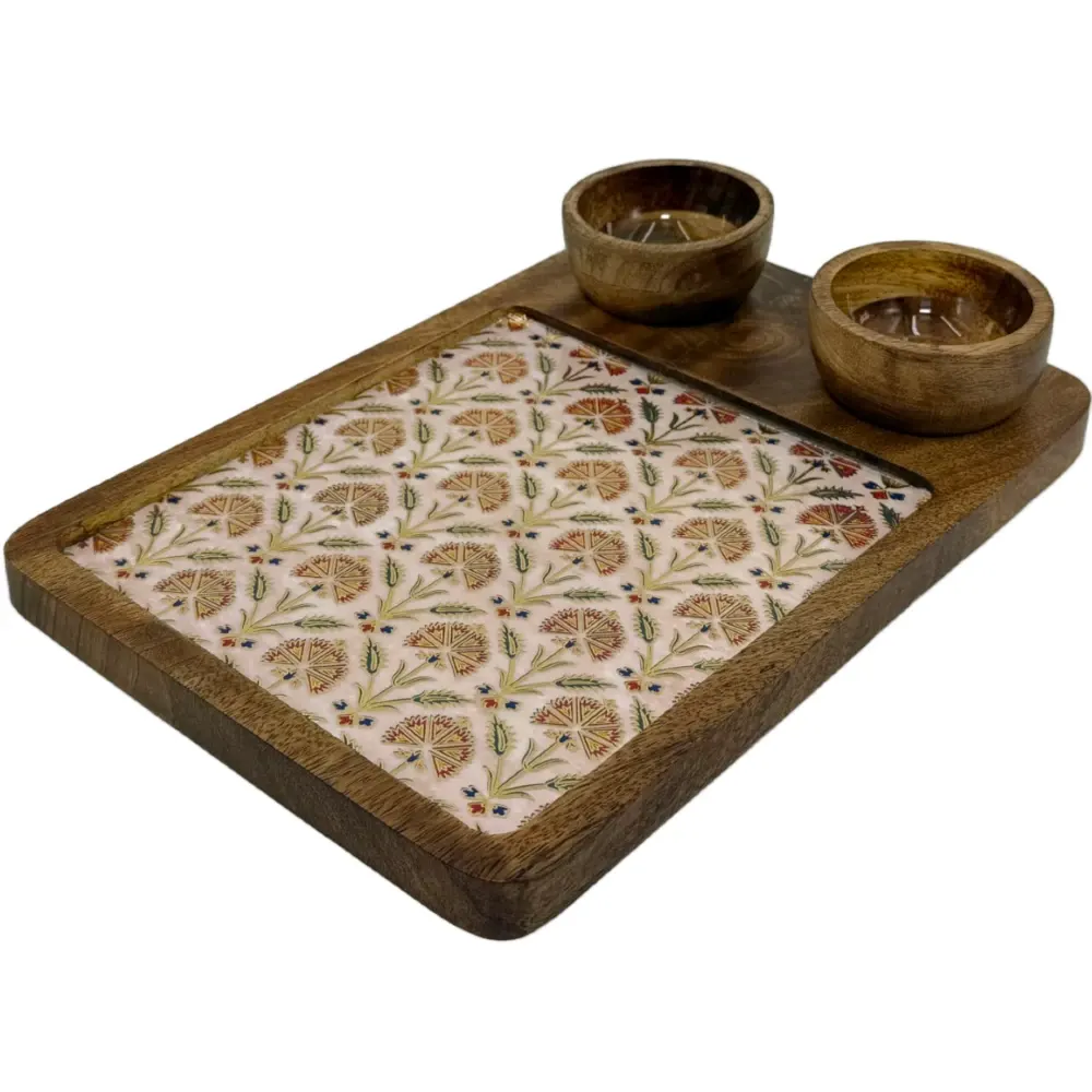 Premium Mango Wood Serving Platter with 2 Bowls, Handcrafted Wooden Appetizer Board with Intricate Patterned Inlay