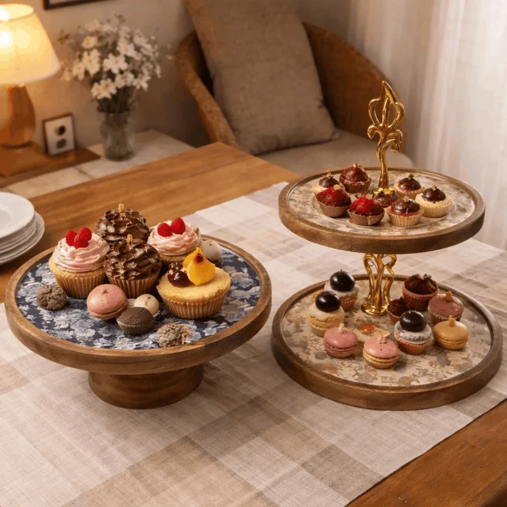 Handcrafted Mango Wood Cake Stand, Decorative Inlay Dessert & Cupcake Stand for Birthday Cake Table
