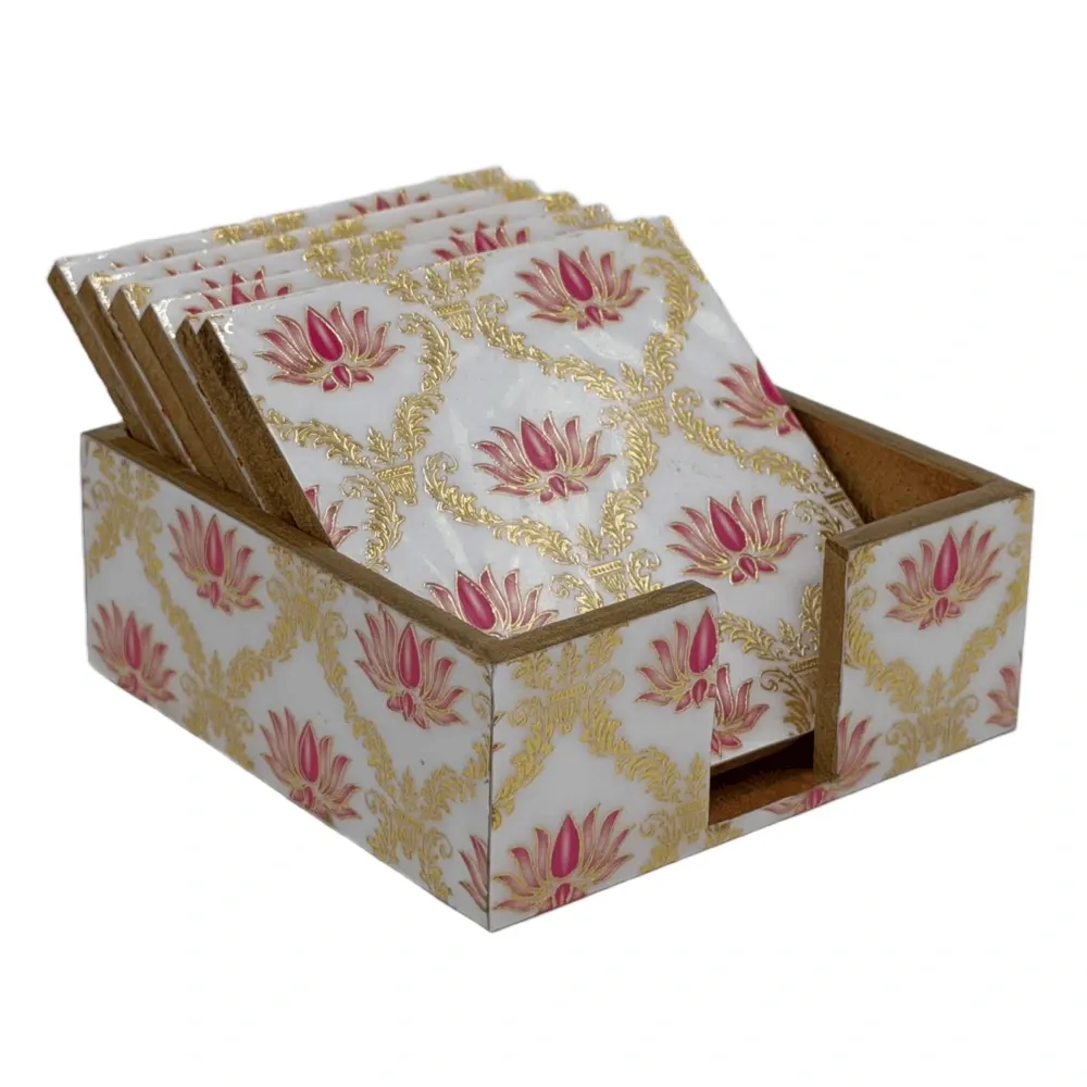 Handmade Wooden Coaster Set, Premium 4x4 Inch Tea Coaster Set with Holder for Cups & Mugs