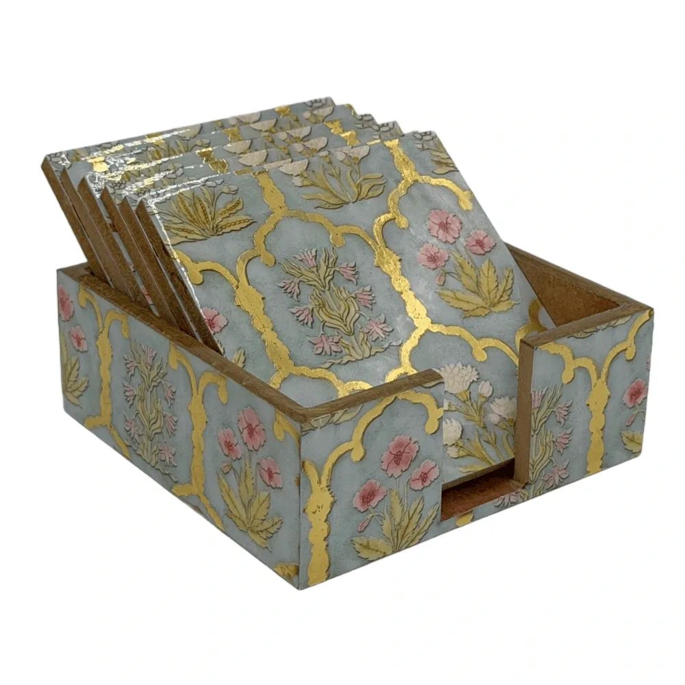 Handmade Wooden Coaster Set, Premium 4x4 Inch Tea Coaster Set with Holder for Cups & Mugs