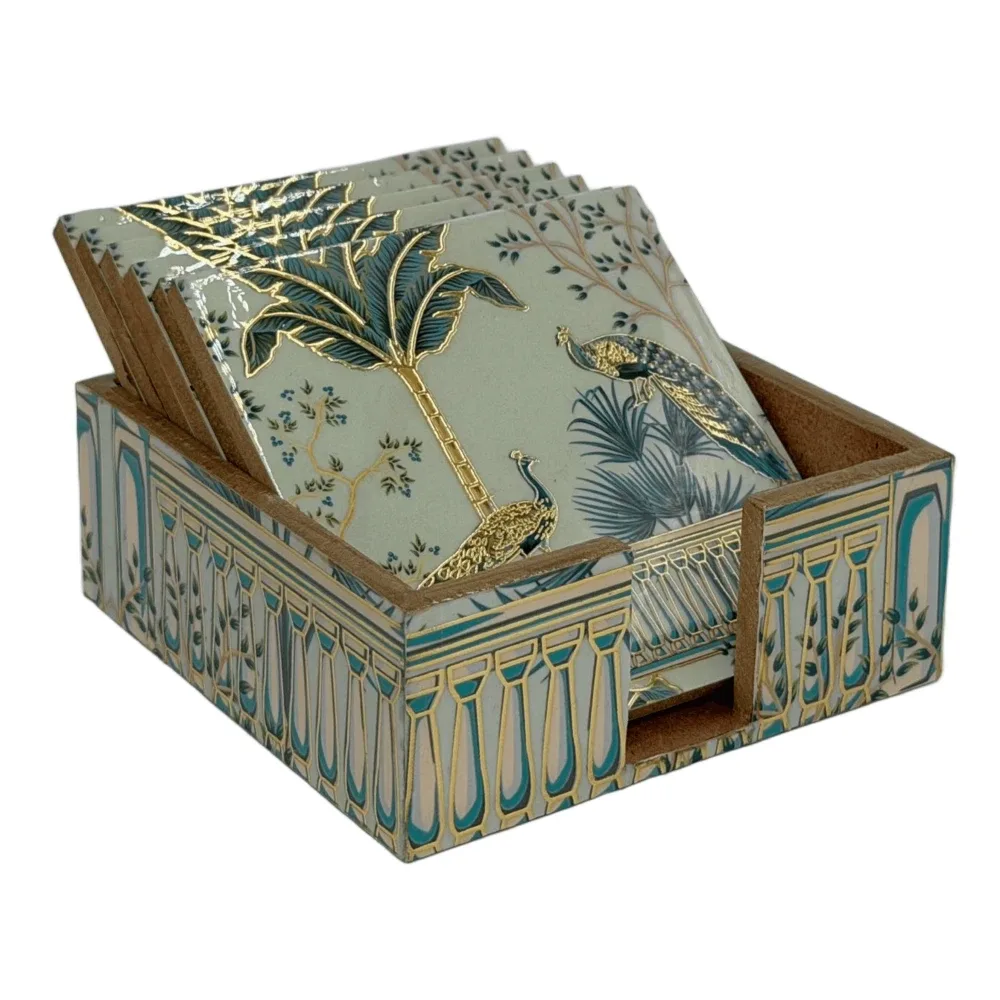 Handmade Wooden Coaster Set, Premium 4x4 Inch Tea Coaster Set with Holder for Cups & Mugs