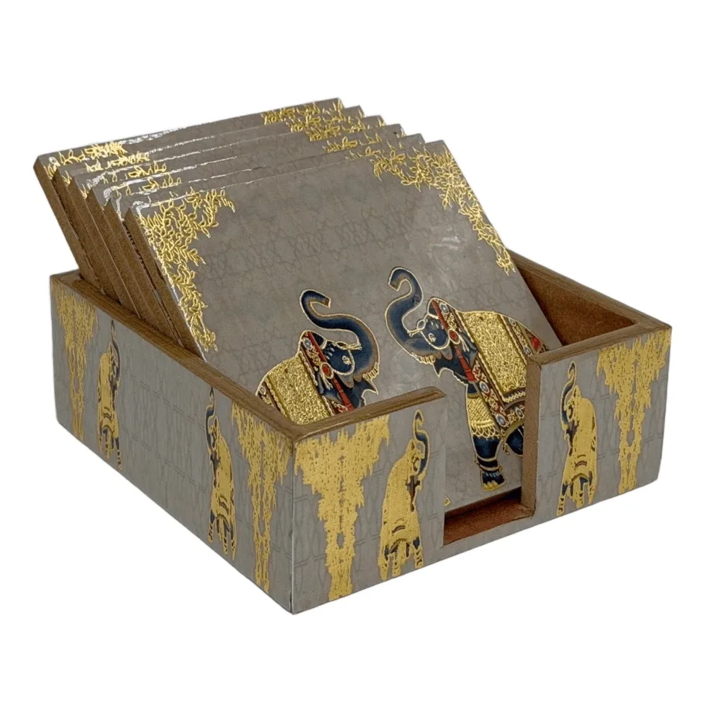 Handmade Wooden Coaster Set, Premium 4x4 Inch Tea Coaster Set with Holder for Cups & Mugs