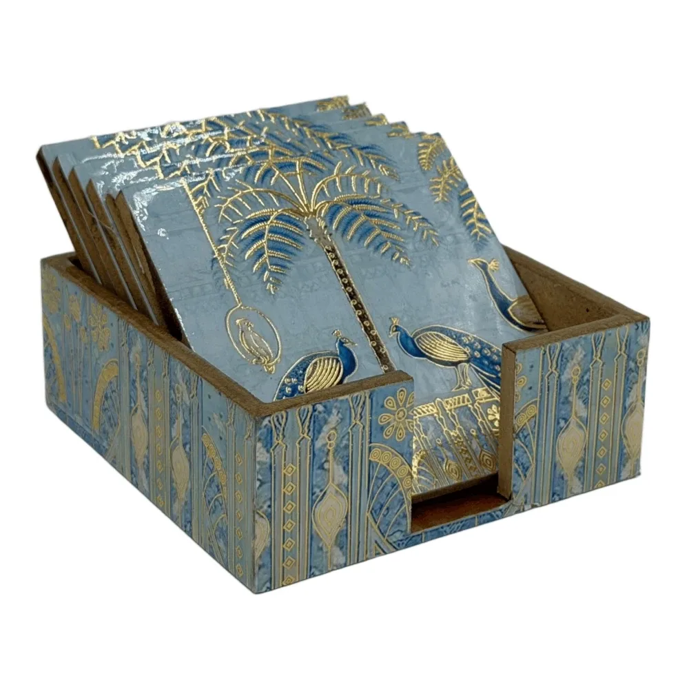 Handmade Wooden Coaster Set, Premium 4x4 Inch Tea Coaster Set with Holder for Cups & Mugs
