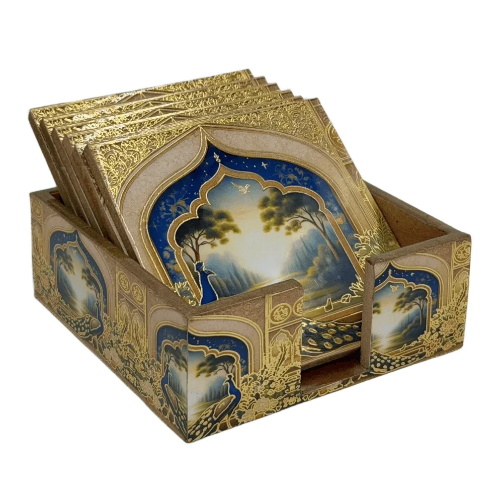 Handmade Wooden Coaster Set, Premium 4x4 Inch Tea Coaster Set with Holder for Cups & Mugs