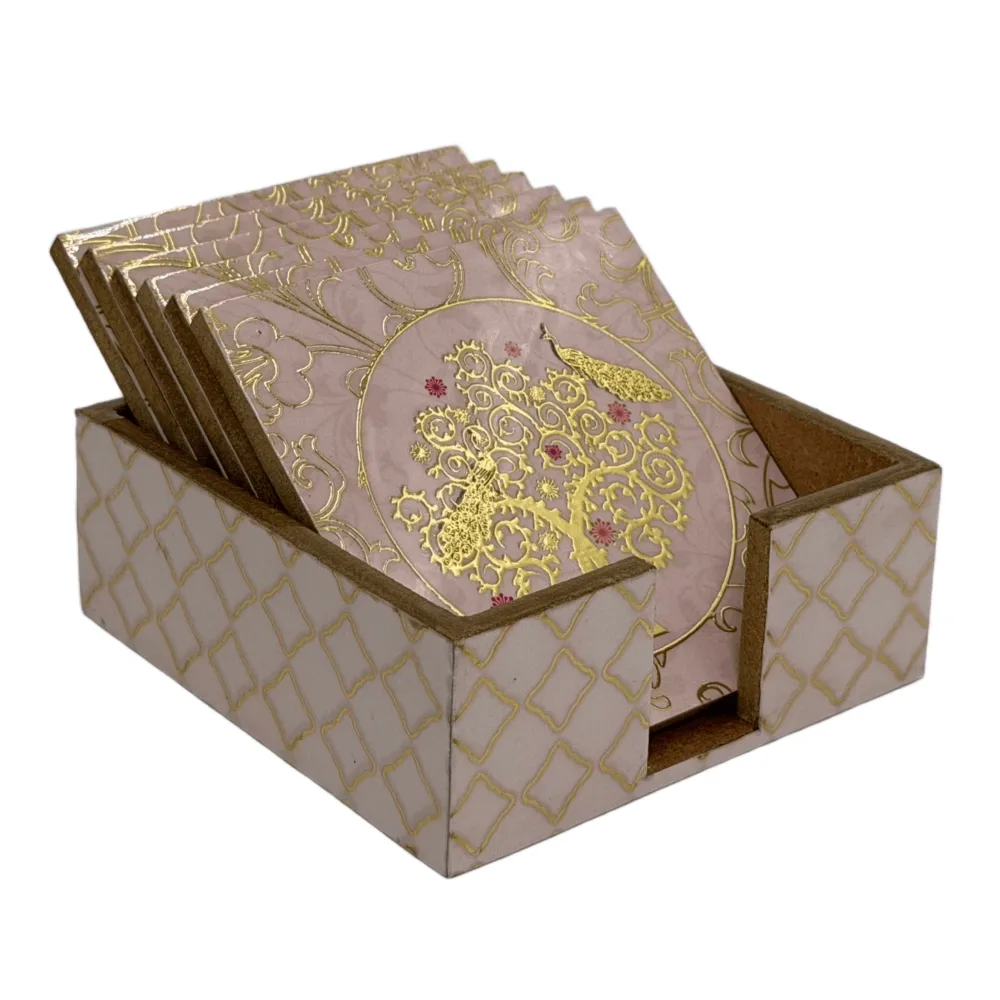 Handmade Wooden Coaster Set, Premium 4x4 Inch Tea Coaster Set with Holder for Cups & Mugs