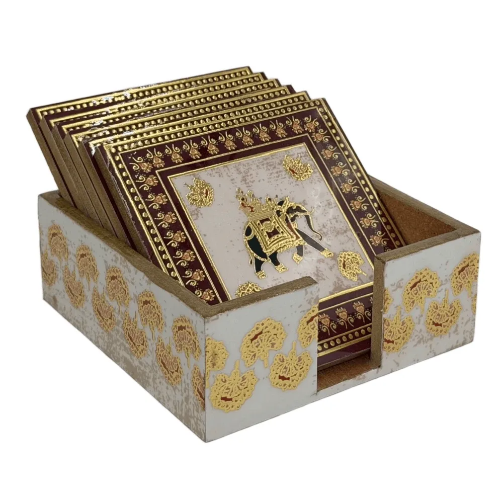 Handmade Wooden Coaster Set, Premium 4x4 Inch Tea Coaster Set with Holder for Cups & Mugs
