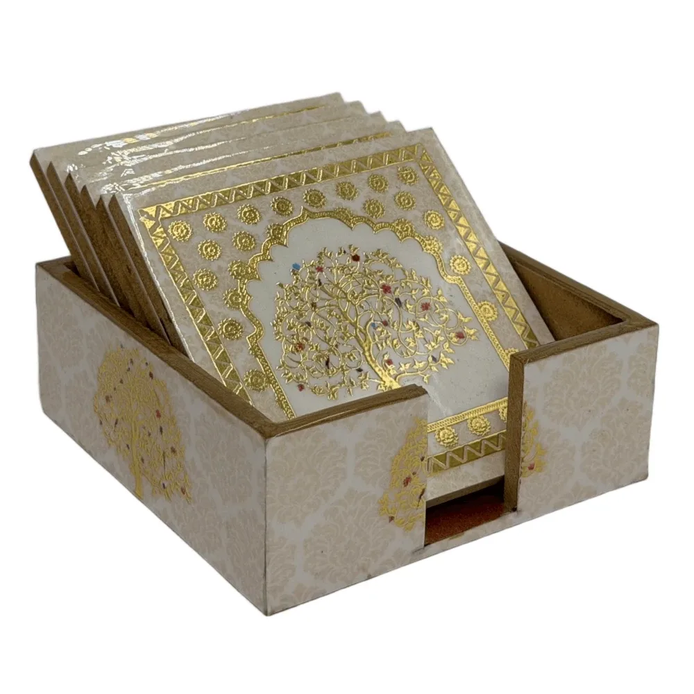 Handmade Wooden Coaster Set, Premium 4x4 Inch Tea Coaster Set with Holder for Cups & Mugs