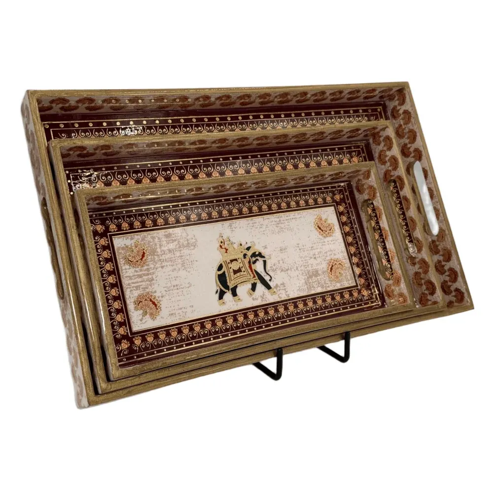 Decorative Wooden Tray Set of 3 with Traditional Motifs, Handcrafted Rectangular Wooden Serving Trays for Tea & Snacks