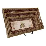 Decorative Wooden Tray Set of 3 with Traditional Motifs, Handcrafted Rectangular Wooden Serving Trays for Tea & Snacks - Image 1