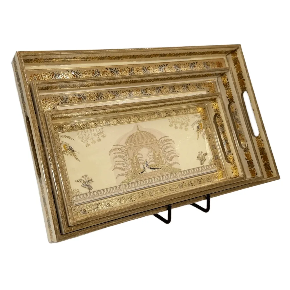 Decorative Wooden Tray Set of 3 with Traditional Motifs, Handcrafted Rectangular Wooden Serving Trays for Tea & Snacks