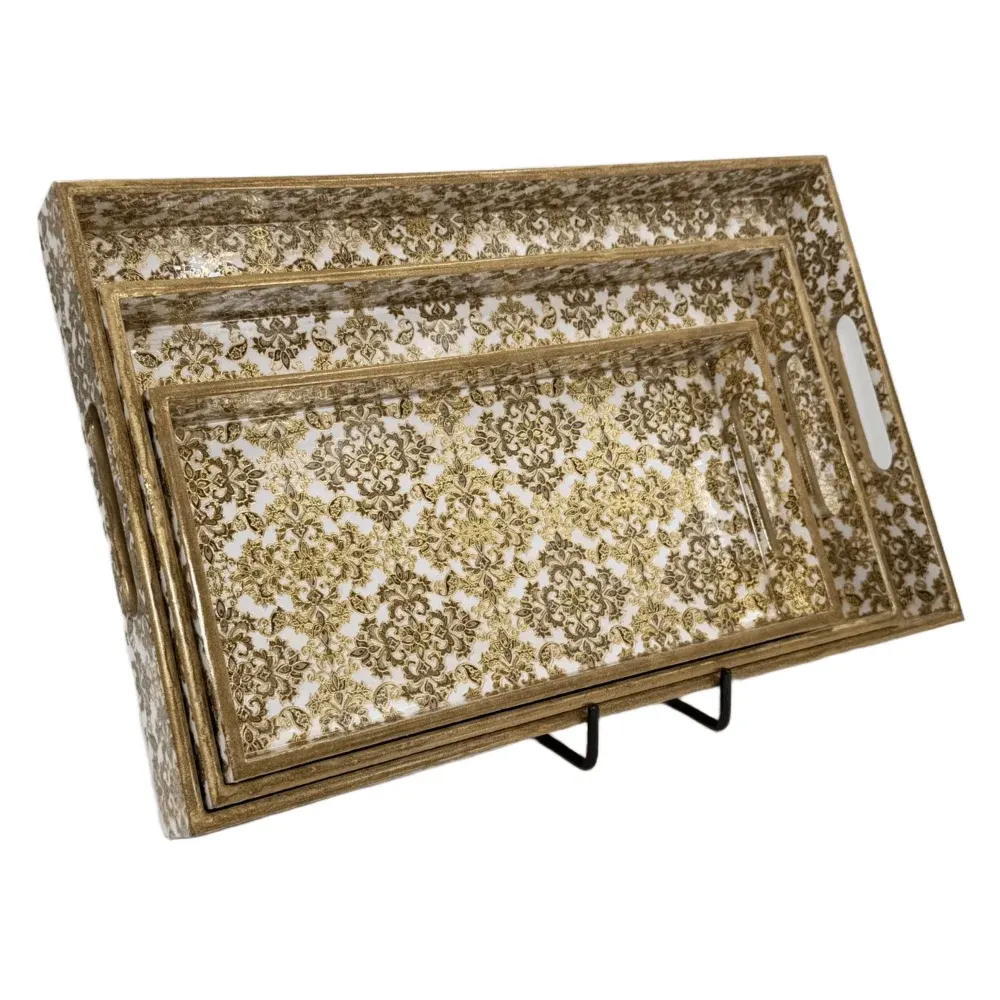 Decorative Wooden Tray Set of 3 with Traditional Motifs, Handcrafted Rectangular Wooden Serving Trays for Tea & Snacks
