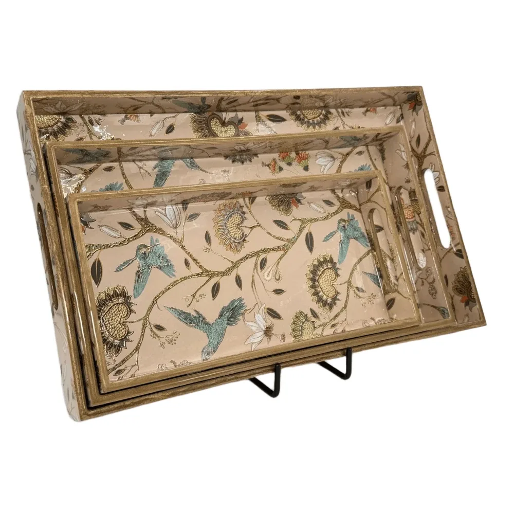 Decorative Wooden Tray Set of 3 with Traditional Motifs, Handcrafted Rectangular Wooden Serving Trays for Tea & Snacks