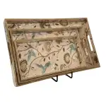 Decorative Wooden Tray Set of 3 with Traditional Motifs, Handcrafted Rectangular Wooden Serving Trays for Tea & Snacks - Image 4