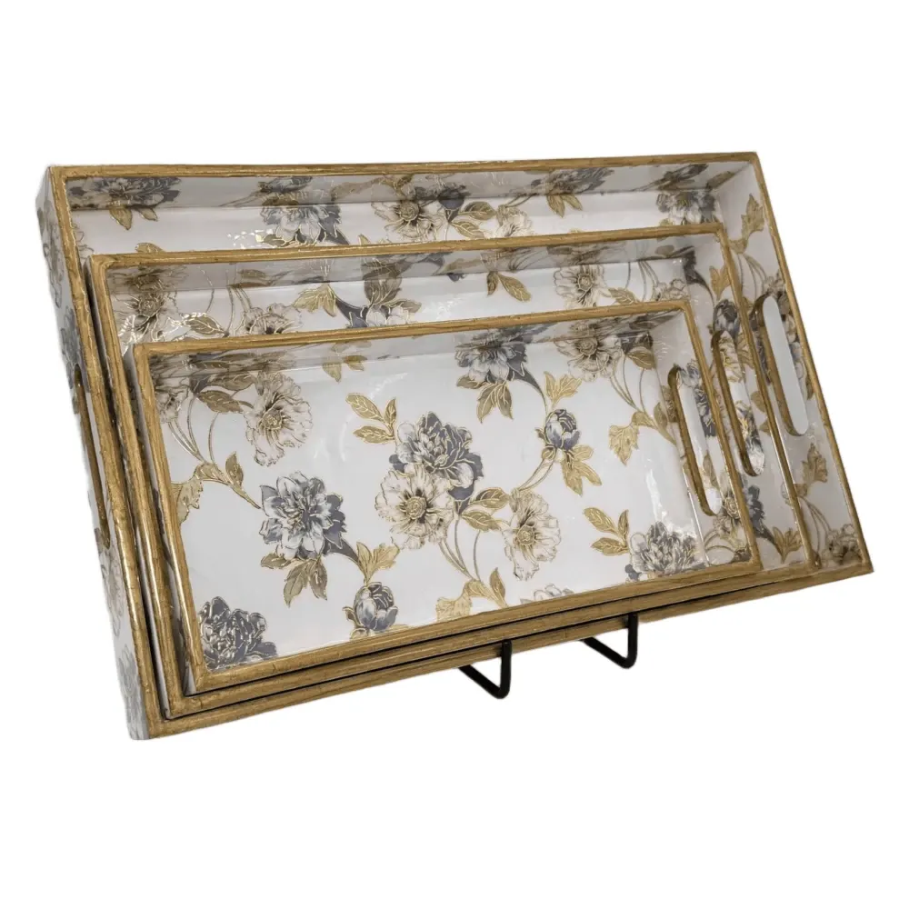 Decorative Wooden Tray Set of 3 with Traditional Motifs, Handcrafted Rectangular Wooden Serving Trays for Tea & Snacks