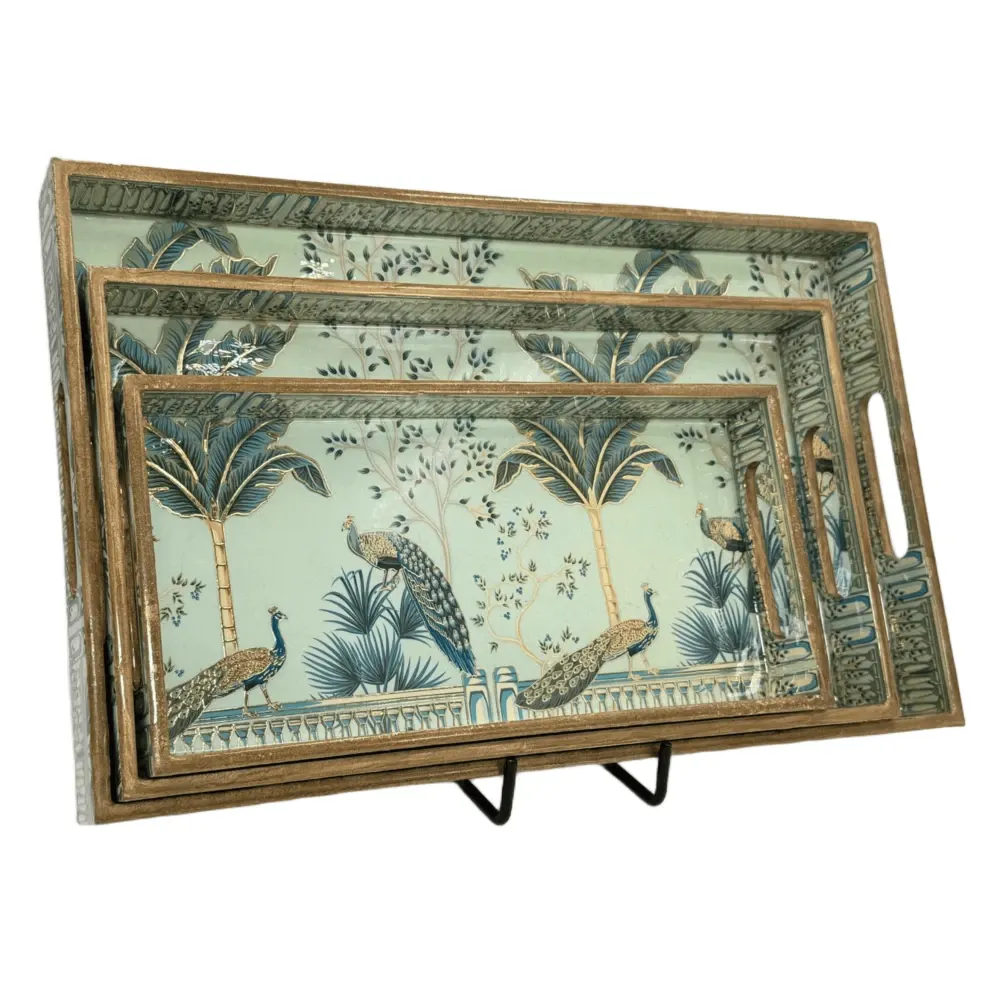 Decorative Wooden Tray Set of 3 with Traditional Motifs, Handcrafted Rectangular Wooden Serving Trays for Tea & Snacks