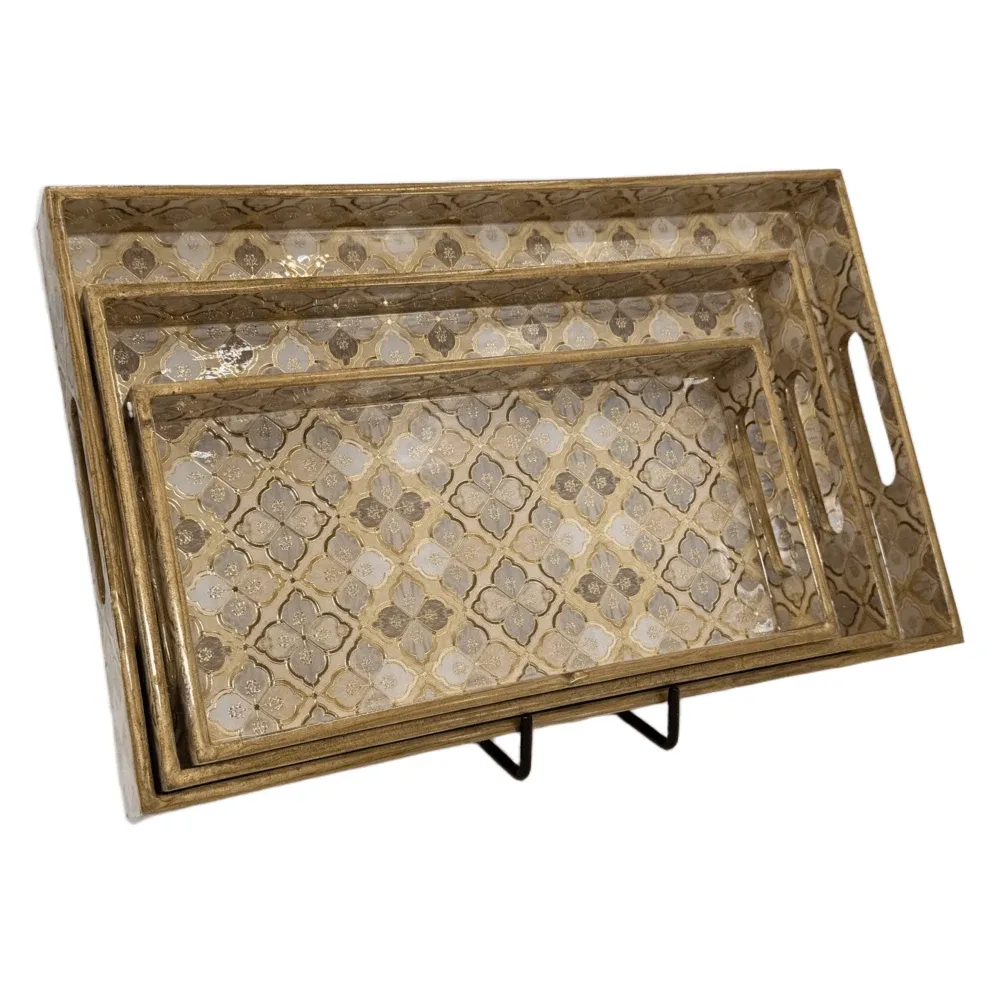 Decorative Wooden Tray Set of 3 with Traditional Motifs, Handcrafted Rectangular Wooden Serving Trays for Tea & Snacks