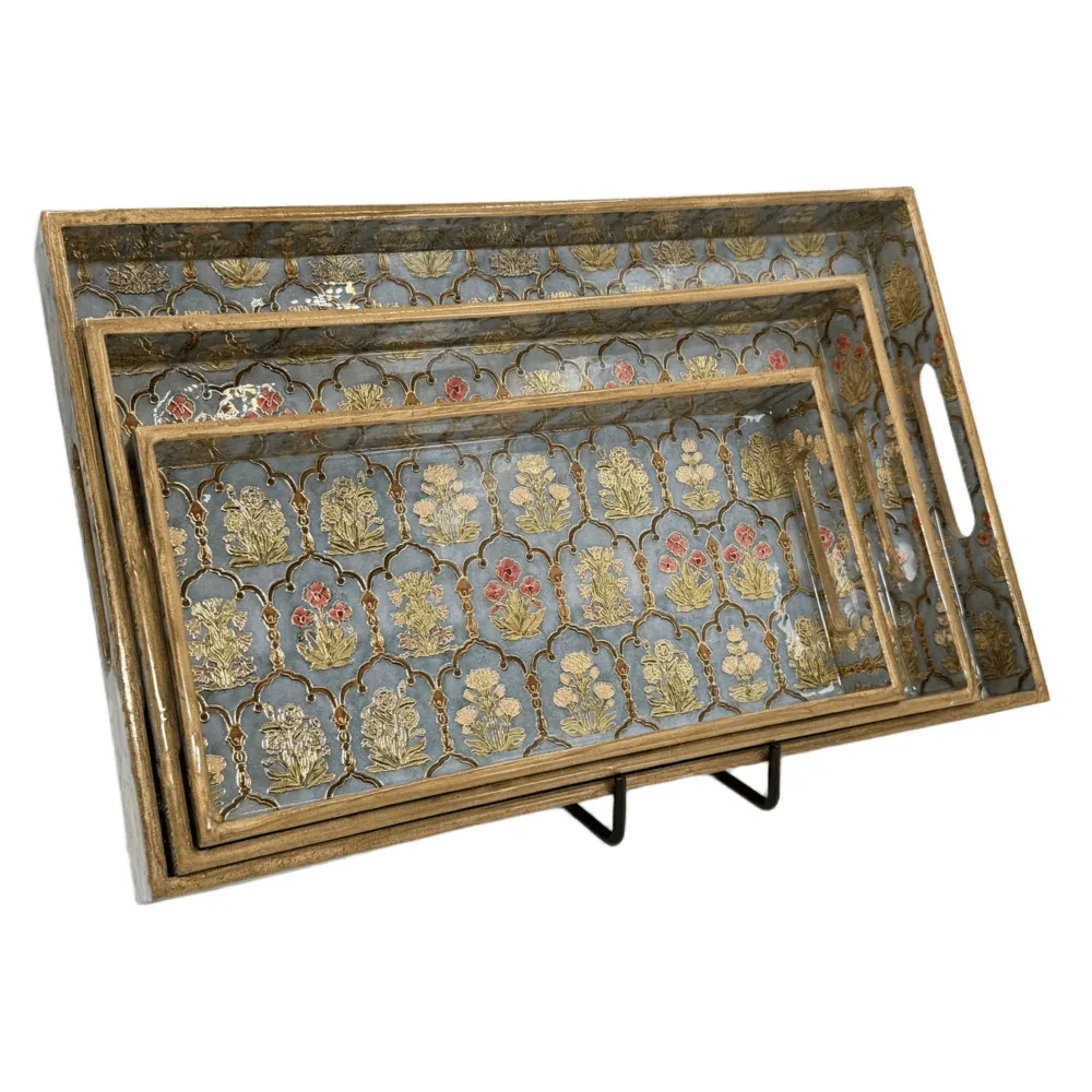 Decorative Wooden Tray Set of 3 with Traditional Motifs, Handcrafted Rectangular Wooden Serving Trays for Tea & Snacks