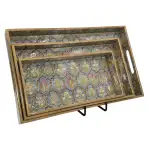 Decorative Wooden Tray Set of 3 with Traditional Motifs, Handcrafted Rectangular Wooden Serving Trays for Tea & Snacks - Image 8