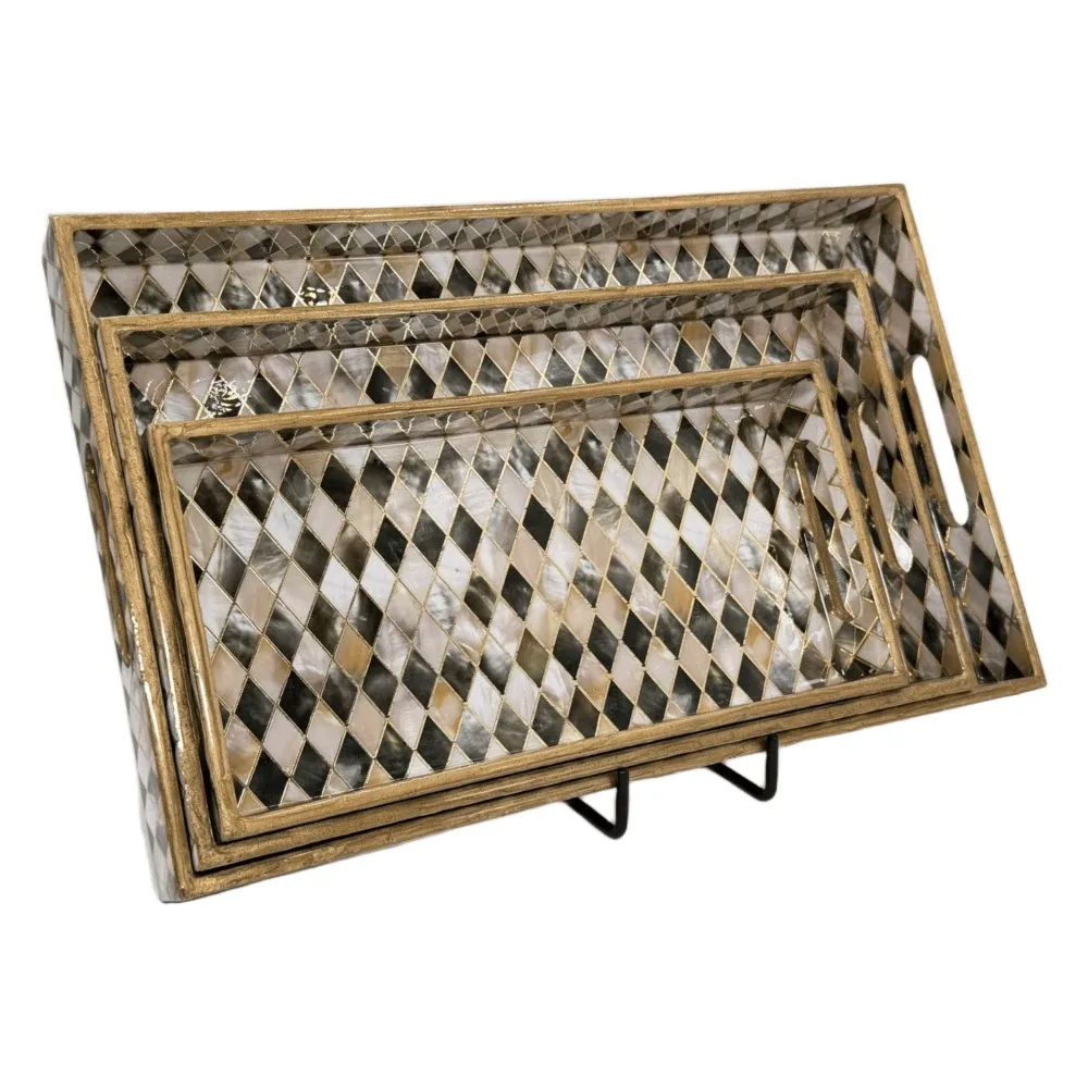 Decorative Wooden Tray Set of 3 with Traditional Motifs, Handcrafted Rectangular Wooden Serving Trays for Tea & Snacks