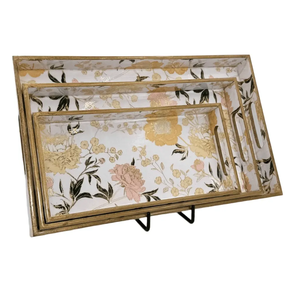 Decorative Wooden Tray Set of 3 with Traditional Motifs, Handcrafted Rectangular Wooden Serving Trays for Tea & Snacks