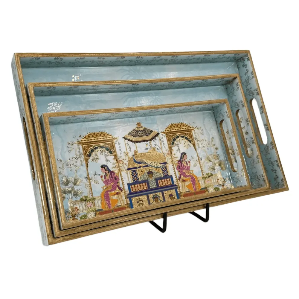 Decorative Wooden Tray Set of 3 with Traditional Motifs, Handcrafted Rectangular Wooden Serving Trays for Tea & Snacks
