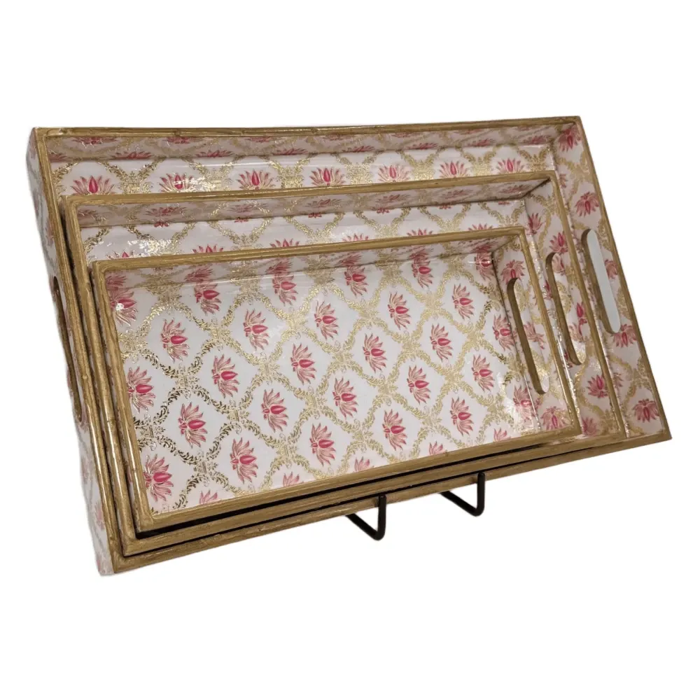 Decorative Wooden Tray Set of 3 with Traditional Motifs, Handcrafted Rectangular Wooden Serving Trays for Tea & Snacks