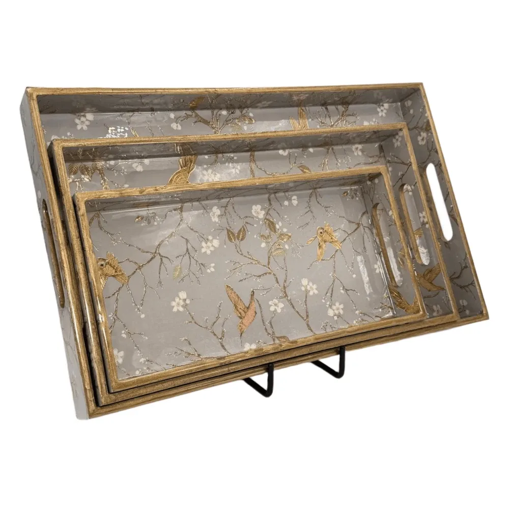 Decorative Wooden Tray Set of 3 with Traditional Motifs, Handcrafted Rectangular Wooden Serving Trays for Tea & Snacks