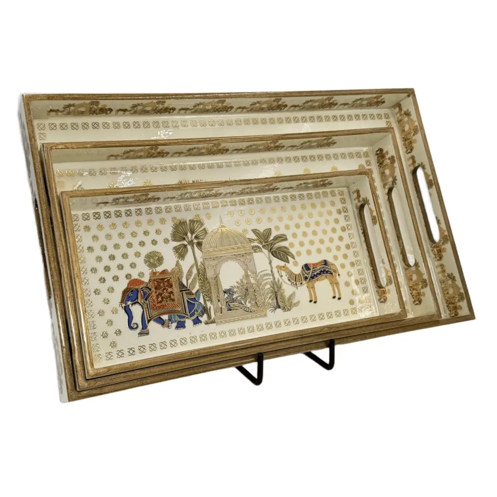 Decorative Wooden Tray Set of 3 with Traditional Motifs, Handcrafted Rectangular Wooden Serving Trays for Tea & Snacks