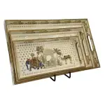 Decorative Wooden Tray Set of 3 with Traditional Motifs, Handcrafted Rectangular Wooden Serving Trays for Tea & Snacks - Image 15