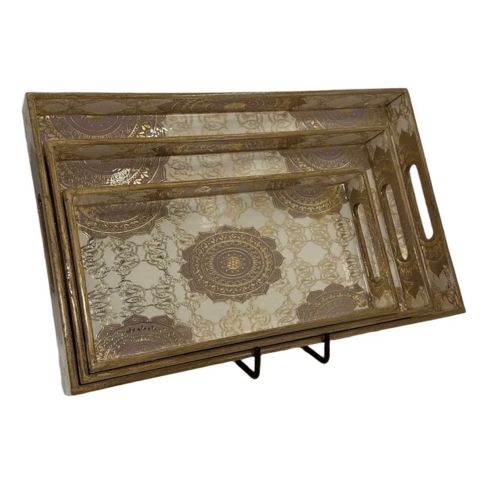 Decorative Wooden Tray Set of 3 with Traditional Motifs, Handcrafted Rectangular Wooden Serving Trays for Tea & Snacks