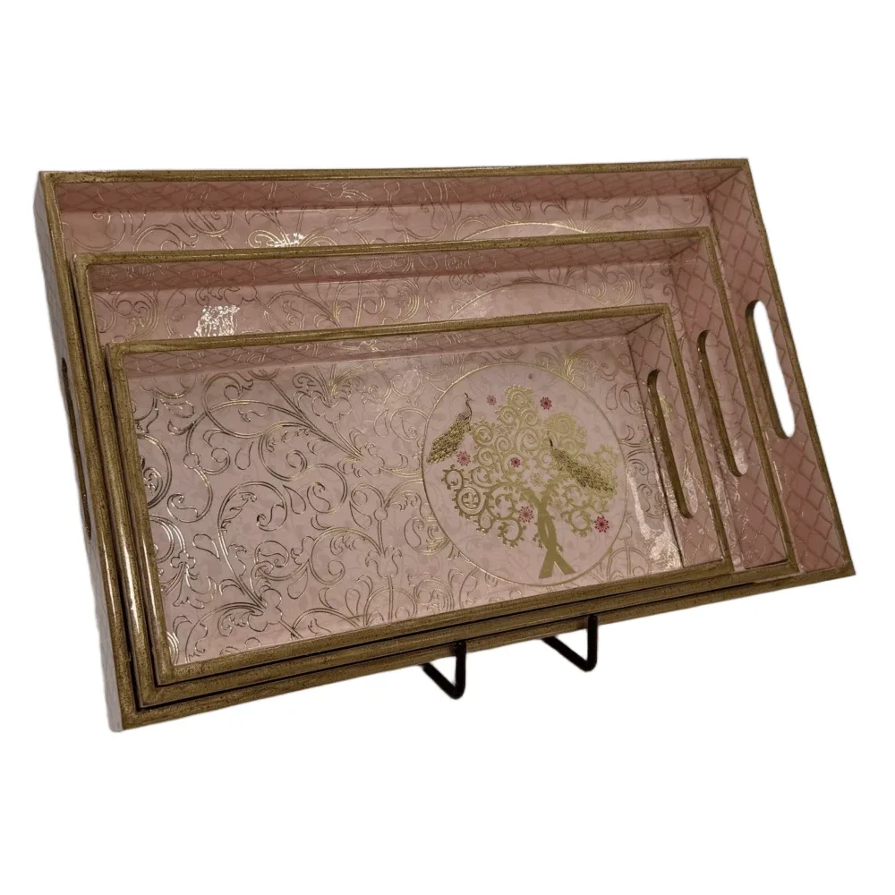 Decorative Wooden Tray Set of 3 with Traditional Motifs, Handcrafted Rectangular Wooden Serving Trays for Tea & Snacks