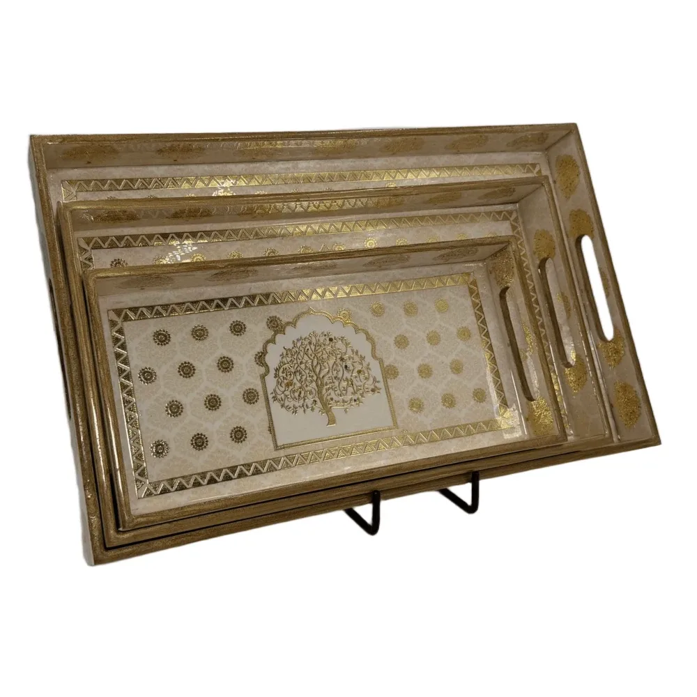 Decorative Wooden Tray Set of 3 with Traditional Motifs, Handcrafted Rectangular Wooden Serving Trays for Tea & Snacks