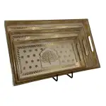 Decorative Wooden Tray Set of 3 with Traditional Motifs, Handcrafted Rectangular Wooden Serving Trays for Tea & Snacks - Image 18