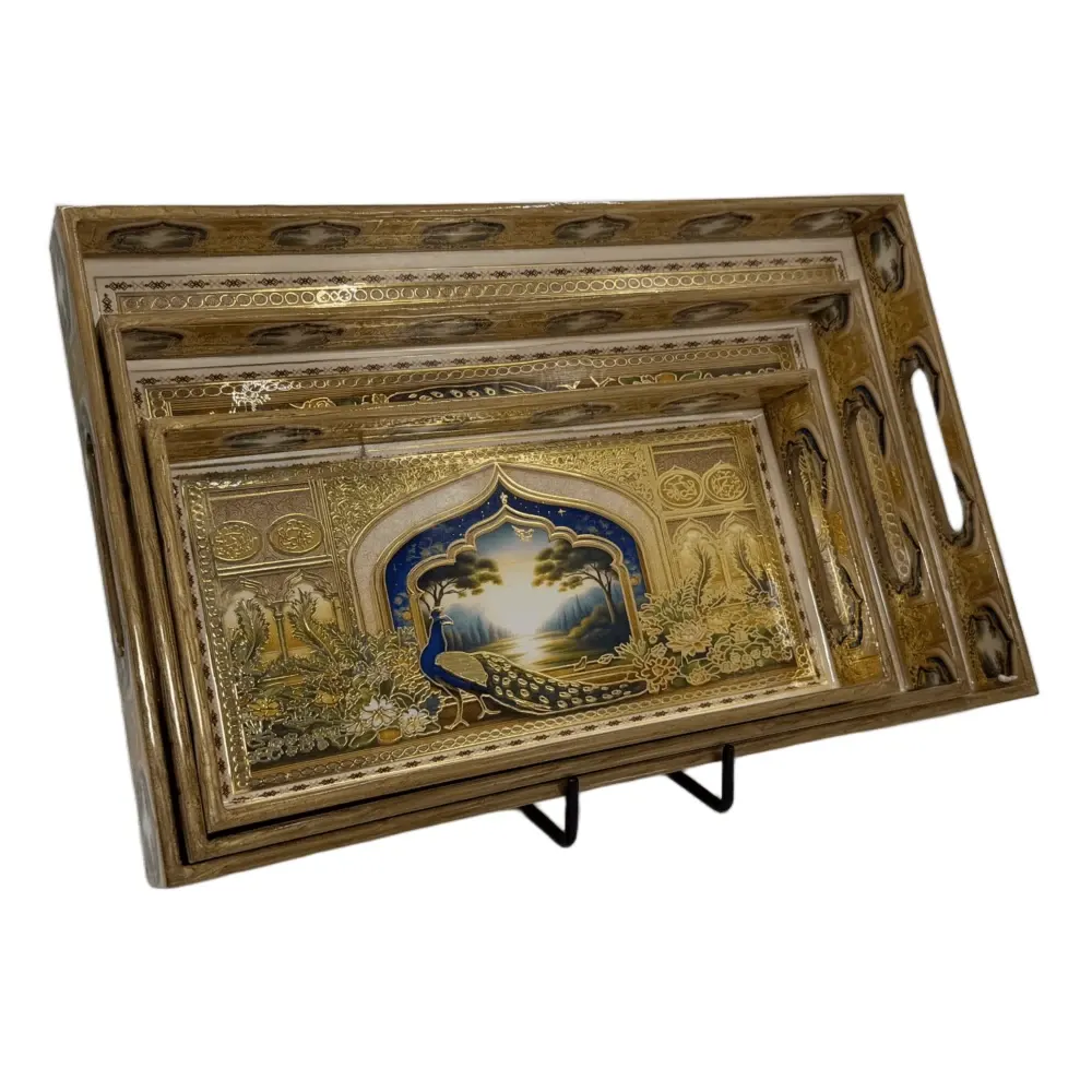 Decorative Wooden Tray Set of 3 with Traditional Motifs, Handcrafted Rectangular Wooden Serving Trays for Tea & Snacks