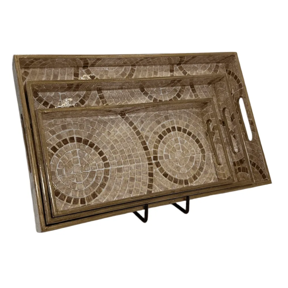 Decorative Wooden Tray Set of 3 with Traditional Motifs, Handcrafted Rectangular Wooden Serving Trays for Tea & Snacks