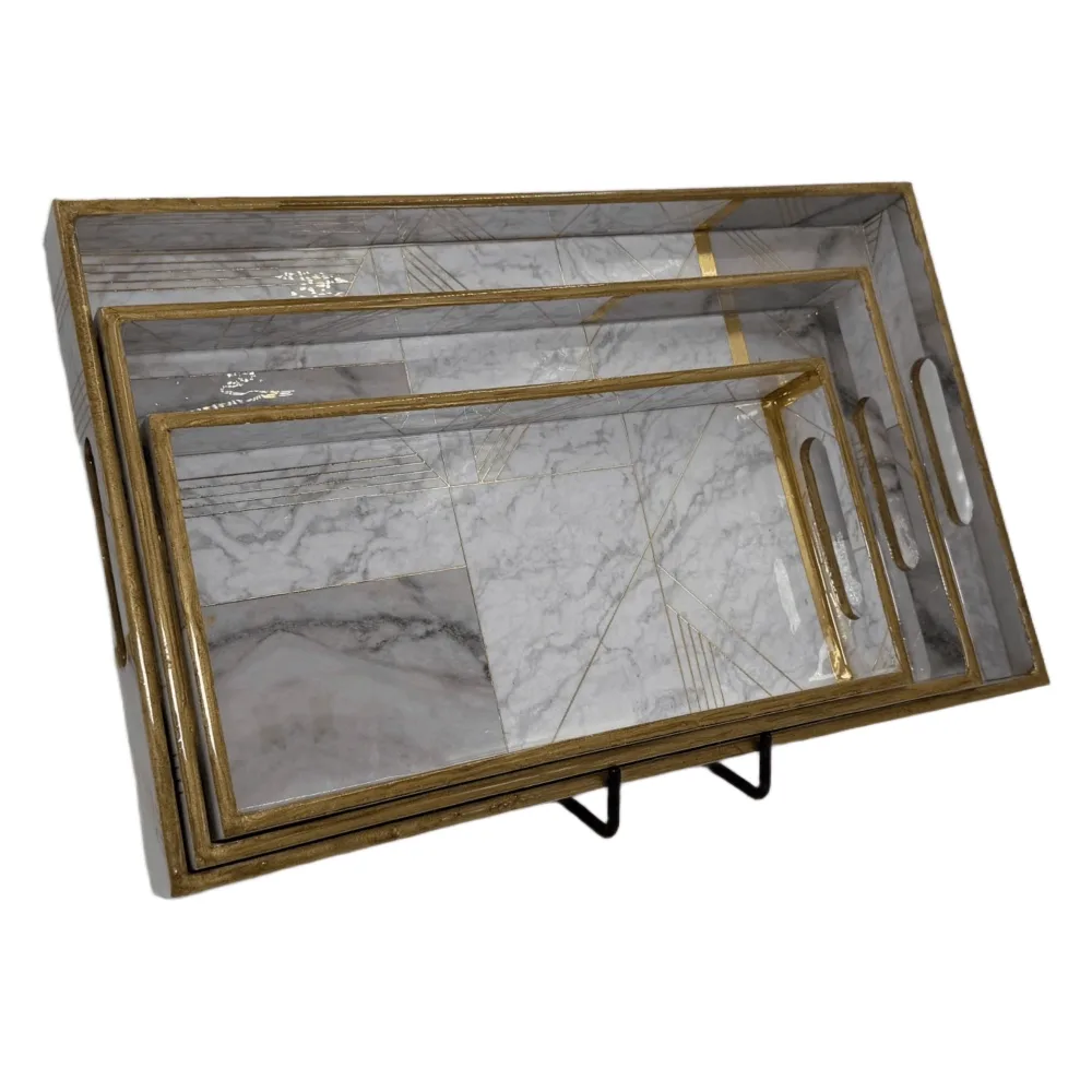 Decorative Wooden Tray Set of 3 with Traditional Motifs, Handcrafted Rectangular Wooden Serving Trays for Tea & Snacks