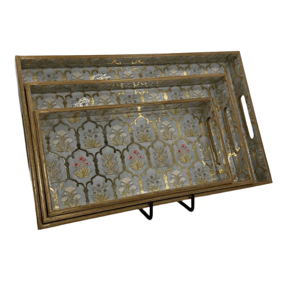 Decorative Wooden Tray Set of 3 with Traditional Motifs, Handcrafted Rectangular Wooden Serving Trays for Tea & Snacks