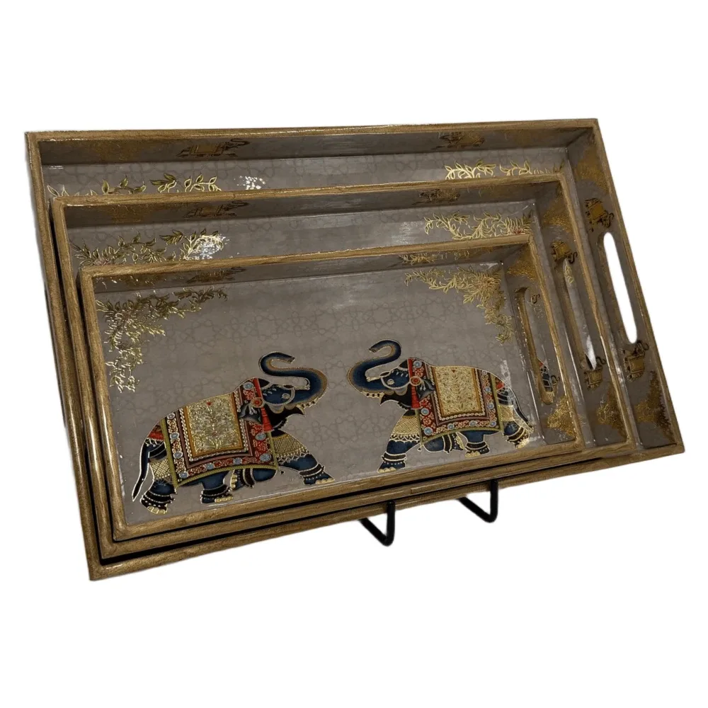 Decorative Wooden Tray Set of 3 with Traditional Motifs, Handcrafted Rectangular Wooden Serving Trays for Tea & Snacks