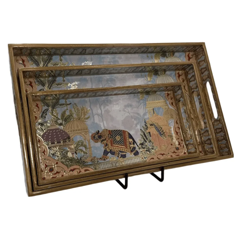 Decorative Wooden Tray Set of 3 with Traditional Motifs, Handcrafted Rectangular Wooden Serving Trays for Tea & Snacks