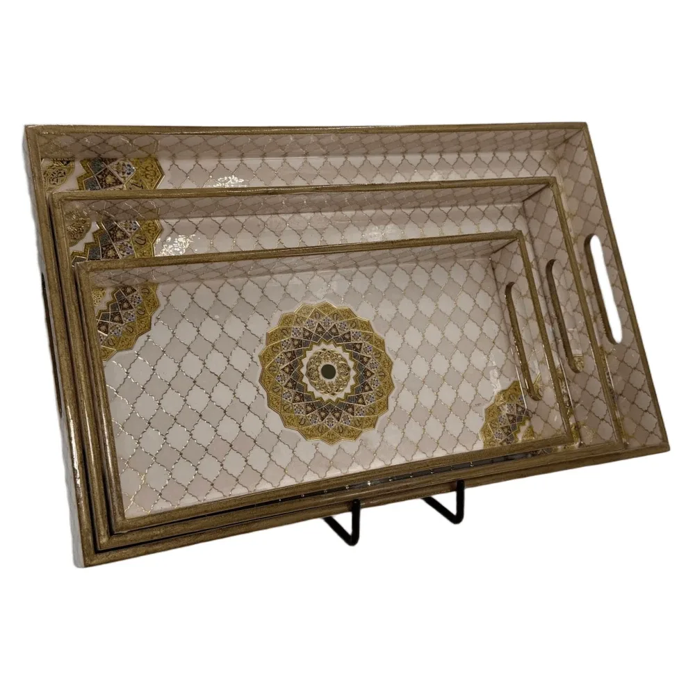 Decorative Wooden Tray Set of 3 with Traditional Motifs, Handcrafted Rectangular Wooden Serving Trays for Tea & Snacks