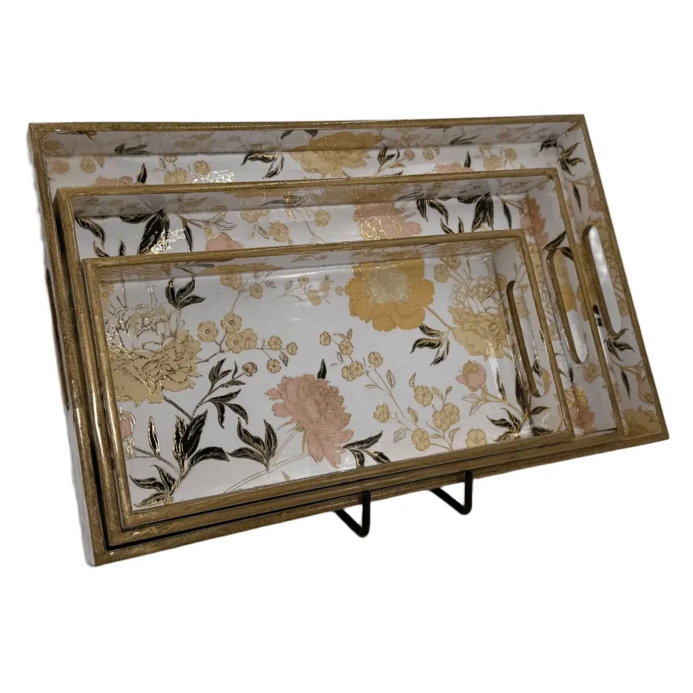Decorative Wooden Tray Set of 3 with Traditional Motifs, Handcrafted Rectangular Wooden Serving Trays for Tea & Snacks