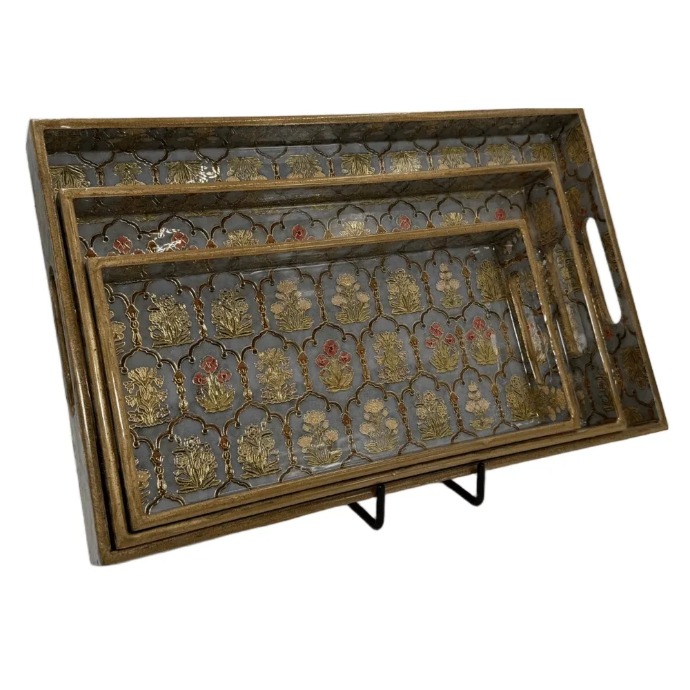 Decorative Wooden Tray Set of 3 with Traditional Motifs, Handcrafted Rectangular Wooden Serving Trays for Tea & Snacks