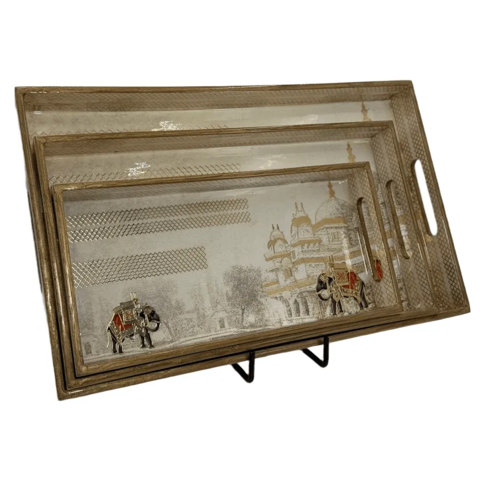 Decorative Wooden Tray Set of 3 with Traditional Motifs, Handcrafted Rectangular Wooden Serving Trays for Tea & Snacks