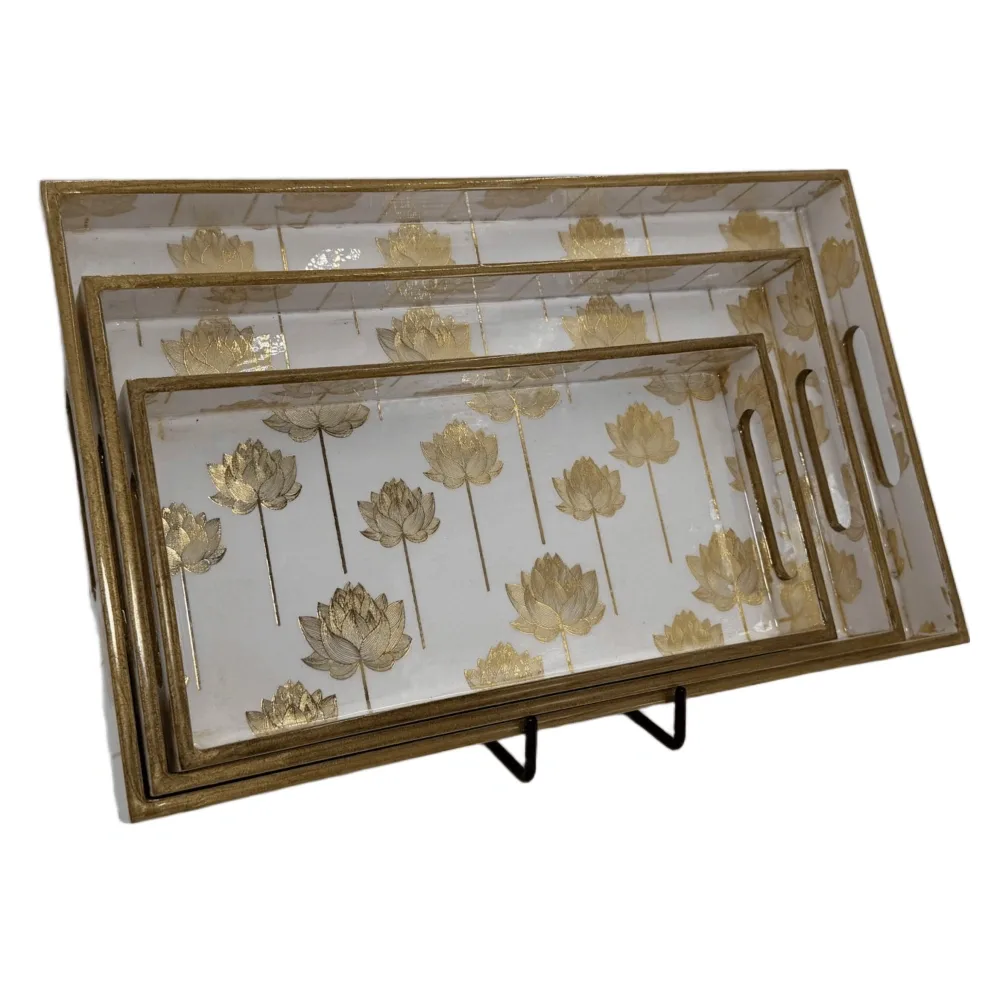 Decorative Wooden Tray Set of 3 with Traditional Motifs, Handcrafted Rectangular Wooden Serving Trays for Tea & Snacks