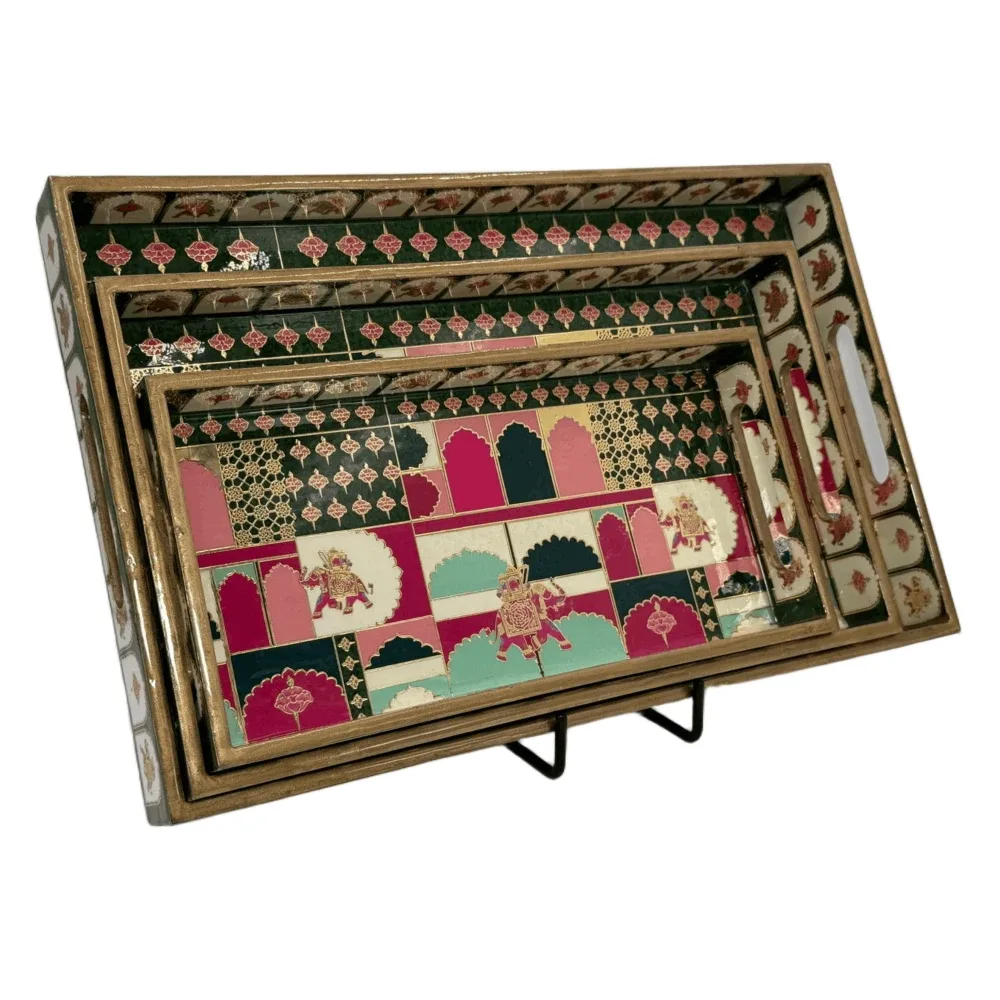 Decorative Wooden Tray Set of 3 with Traditional Motifs, Handcrafted Rectangular Wooden Serving Trays for Tea & Snacks