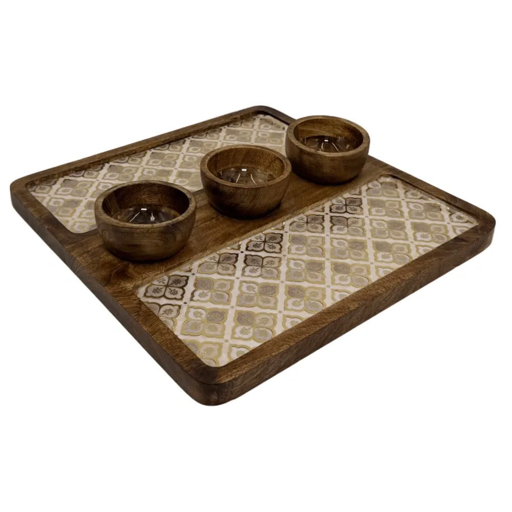 Decorative Wooden Snack Platter with Three Bowls, Handcrafted 12x12" Square Wooden Serving Tray for Dips & Nuts
